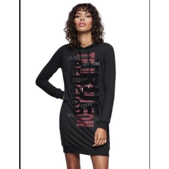 True Religion City Hoodle Dress Black with Purple, Rhinestone lettering Size M - Picture 1 of 5